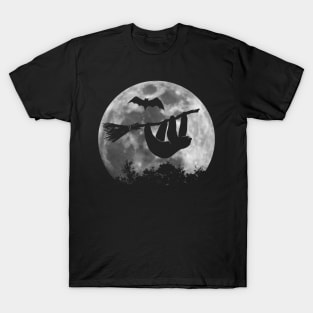 Sloth Silhouette On Broom | Full Moon Halloween Witch T-Shirt